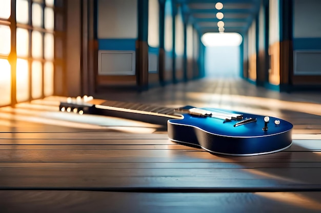 Uma guitarra azul senta-se em um piso de madeira