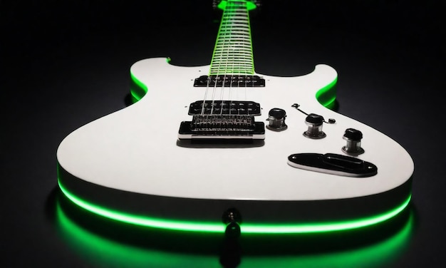 uma guitarra branca com uma luz de néon verde