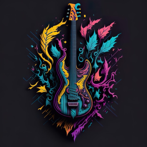 Uma guitarra colorida com fundo preto e fundo preto com padrão floral.