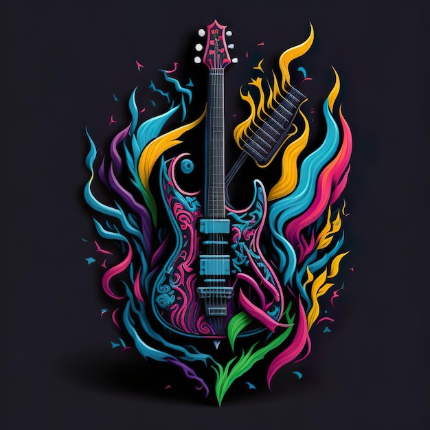 Uma guitarra colorida com fundo preto e fundo preto.