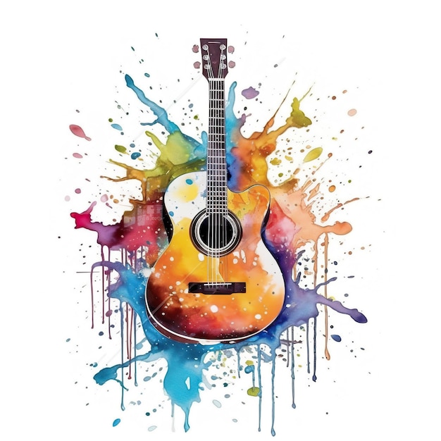 Uma guitarra colorida com respingos de tinta nela imagem generativa