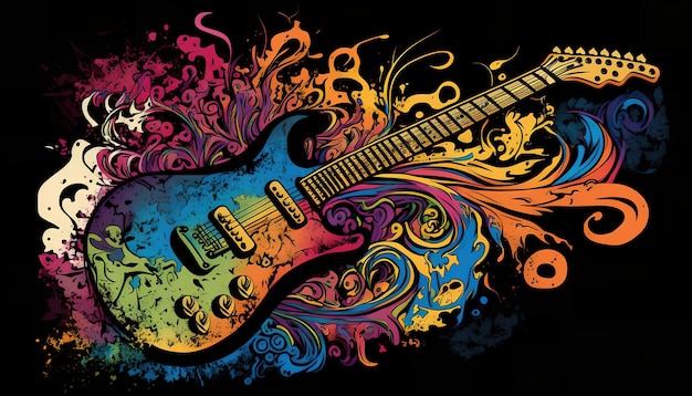 Uma guitarra colorida com um fundo preto e um padrão redemoinho colorido.