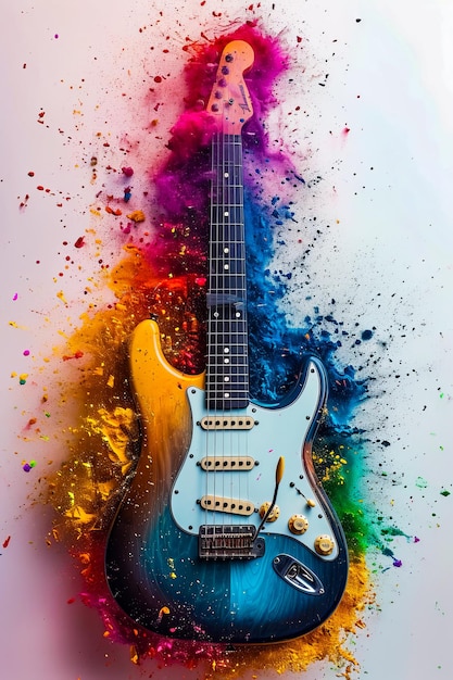 uma guitarra colorida como um arco-íris com manchas coloridas por todo o lado