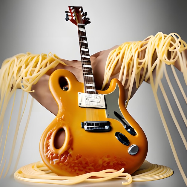 Foto uma guitarra com cordas de espaguete e um molho coberto