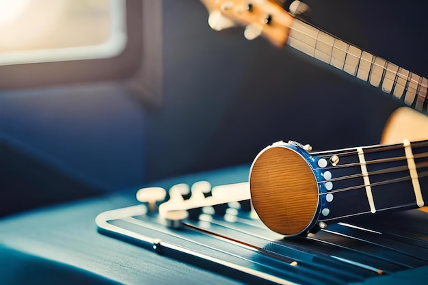 Uma guitarra com um baixo de madeira na frente.