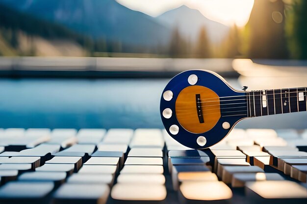 Foto uma guitarra com um chaveiro na frente.