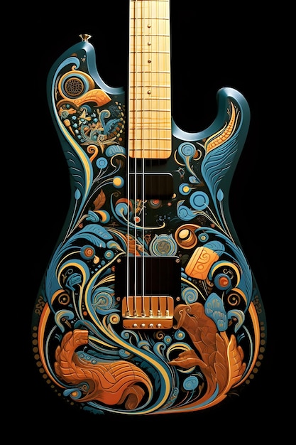 Uma guitarra com um design colorido está sobre um fundo preto.