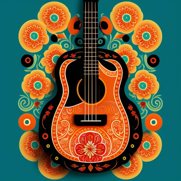 Uma guitarra com um padrão floral