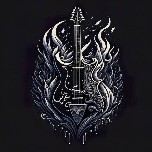 Uma guitarra com um pássaro está cercada por chamas de fogo.