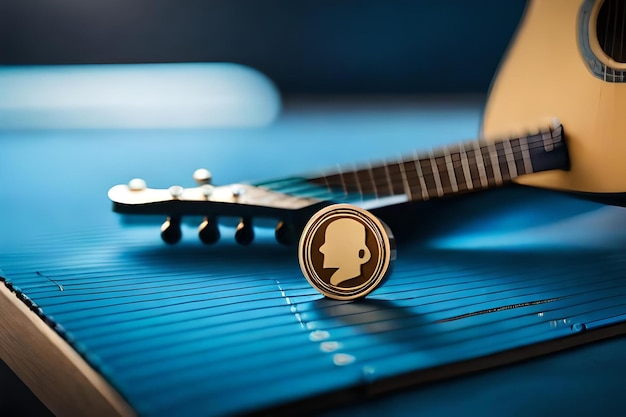 Uma guitarra com uma moeda de ouro está sobre uma mesa azul.
