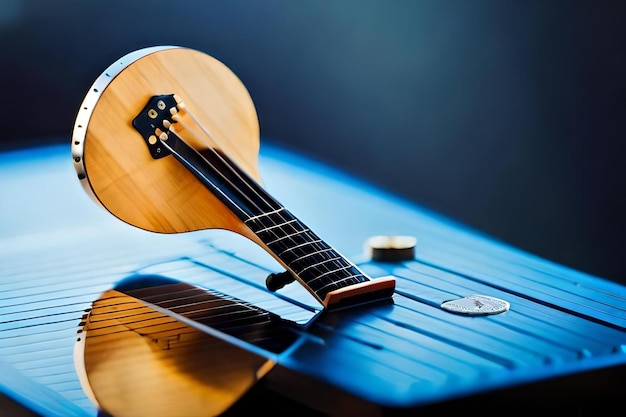 Uma guitarra é mostrada em uma superfície azul com fundo azul.