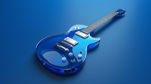 Uma guitarra elétrica azul elegante e elegante A guitarra é mostrada em um ligeiro ângulo com as cordas voltadas para o espectador