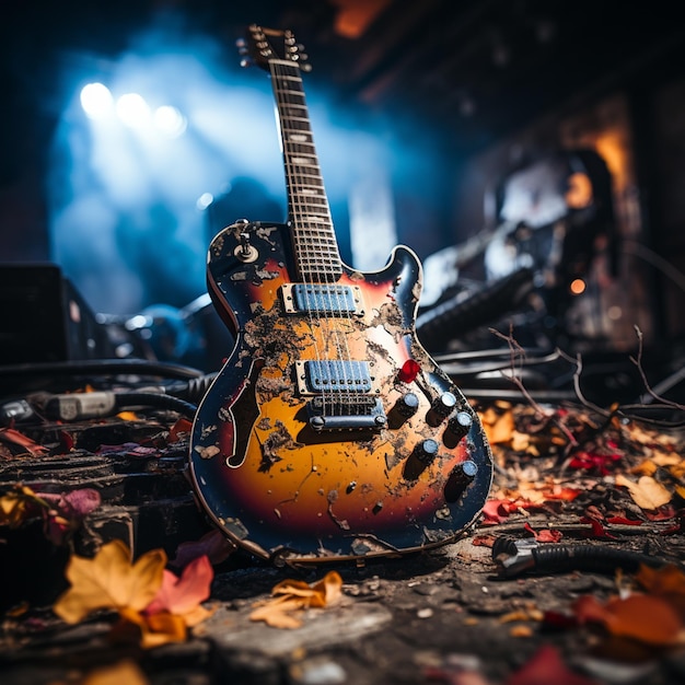 uma guitarra elétrica quebrada num concerto de rock