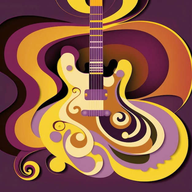 Foto uma guitarra em desenhos coloridos no estilo de roxo escuro e amarelo claro