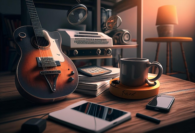 Uma guitarra em uma mesa com uma xícara de café e um telefone