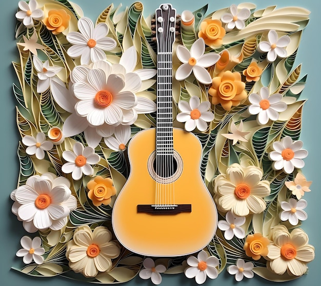 Uma guitarra está colocada em uma parede com flores e um fundo de flores.