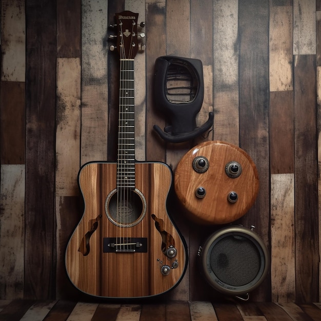 Foto uma guitarra está no chão de madeira ao lado de um alto-falante que diz a palavra música