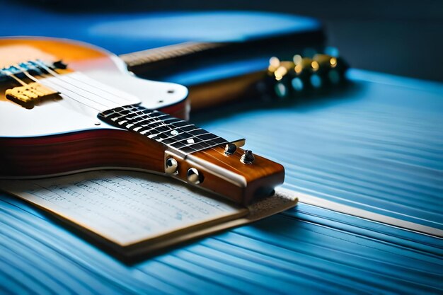 Uma guitarra está sobre uma toalha de mesa azul.