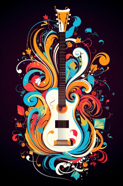 Uma guitarra estilizada com notas musicais vibrantes girando em torno dela