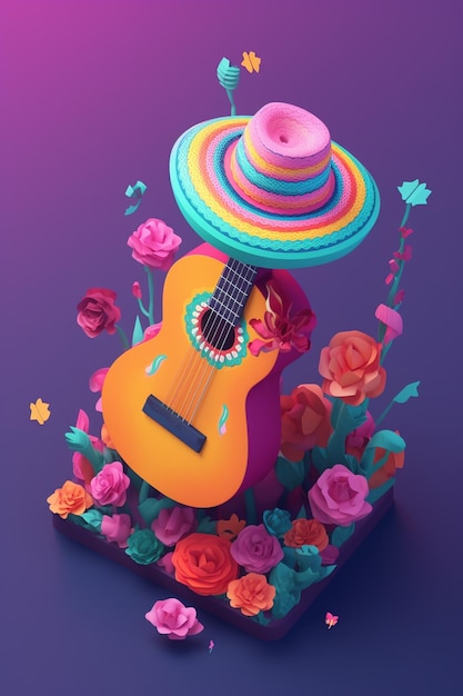 Uma guitarra mexicana colorida com um chapéu mexicano em cima