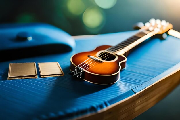 Uma guitarra numa mesa azul com um pano azul