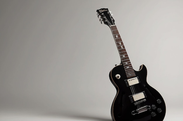 Uma guitarra preta com a palavra guitarra na parte de baixo.