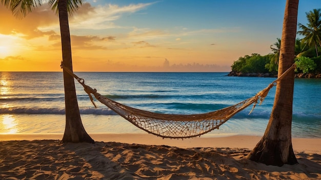 uma hamaca está pendurada sobre uma praia com uma palmeira ao fundo