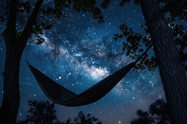 Uma hamaca pendurada entre duas árvores sob um céu noturno cheio de estrelas