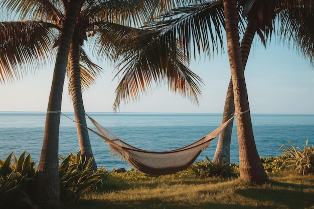 Foto uma hamaca vazia balança-se entre as palmeiras com vista para o oceano, símbolo de relaxamento e paz.