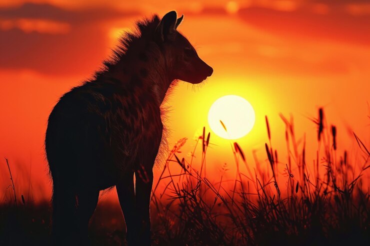 Foto uma hiena no pano de fundo de um pôr-do-sol vibrante