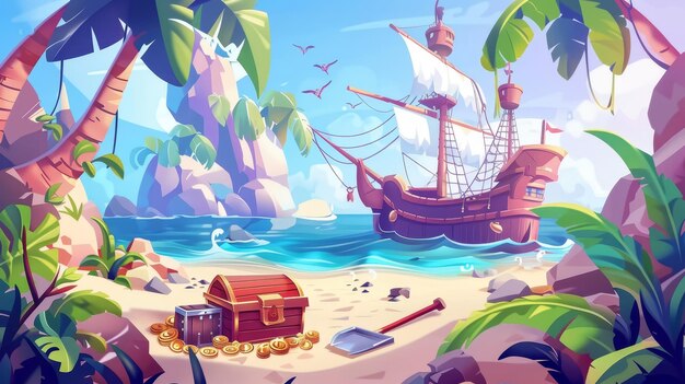 Uma história de aventura ou cena de jogo de piratas atracados em uma ilha com tesouro Um baú com ouro e pá debaixo de lianas Filibuster saqueando em uma praia com palmeiras Cartoon moderno