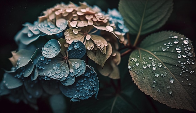 Uma hortênsia azul com gotas de água