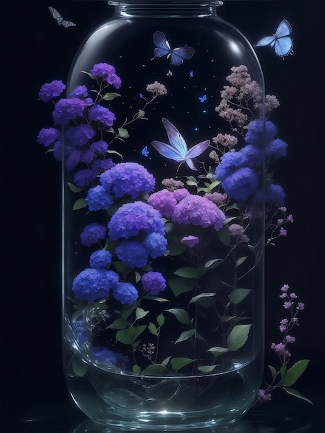 Uma hortênsia azul mágica floresce e borboleta em uma jarra de vidro Ilustração de IA generativa