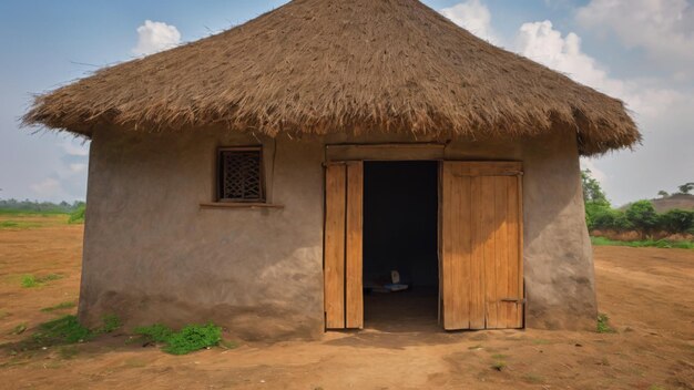 Uma humilde casa do povo de tamanho modesto construída com barro e palha tecidos juntos para as paredes