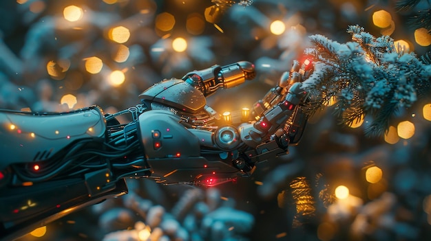 Uma IA ou inteligência artificial sauda o ano novo Feliz Natal e Feliz Ano Novo Fonte em estilo de tecnologia moderna Decoração de Natal em braço de ciborgue Mão de robô decorando Natal