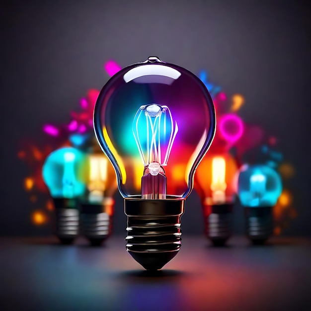 uma idéia colorida brilhante lâmpada de lâmpada visualização de brainstorming idéia brilhante e IA criativa