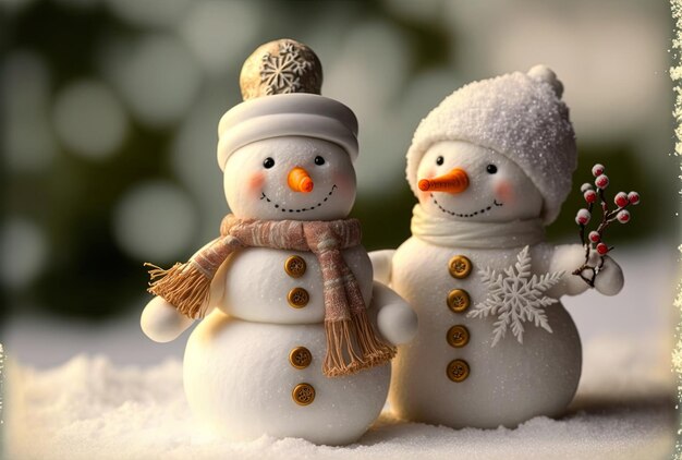 Uma ideia festiva de Natal com neve branca com dois bonecos de neve adoráveis