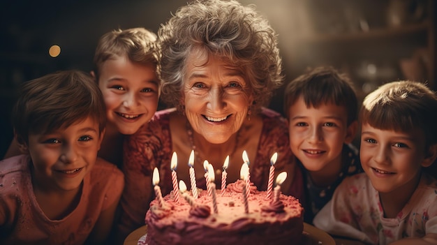 Uma idosa feliz a desfrutar do seu aniversário com os netos à sua volta.