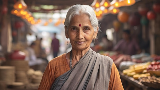Uma idosa indiana em um mercado indiano está se preparando para vender seus produtos Foto de alta qualidade