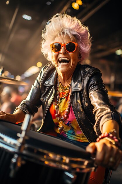 Foto uma idosa louca e engraçada no meio da multidão toca bateria em um show de rock alegre e expressivo