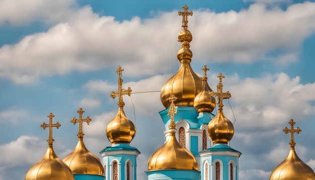 uma igreja azul com cúpulas douradas e um céu nublado