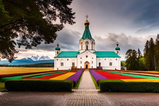 Uma igreja com cores de arco-íris na frente.