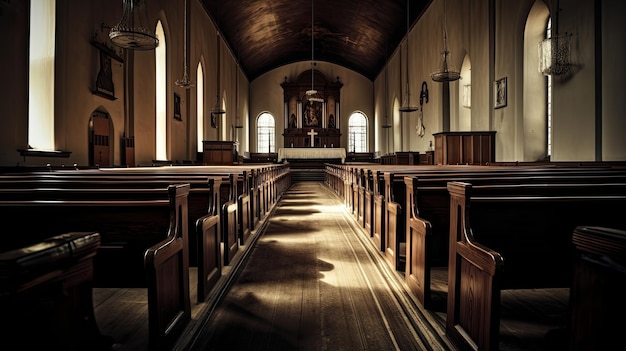 Uma igreja com luz no teto e piso de madeira