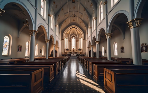 Foto uma igreja com muitas janelas e uma igreja com uma igreja ao fundo