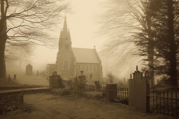 Uma igreja com um cemitério ao fundo e um sinal que diz "igreja".