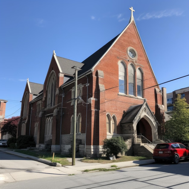 Uma igreja com um relógio no topo