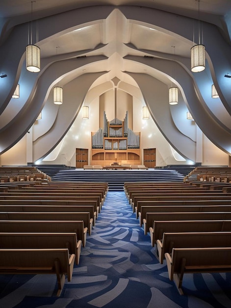 Foto uma igreja com um tapete azul no chão