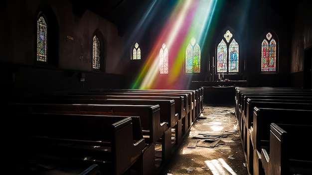 Uma igreja com um vitral e um feixe de luz no teto