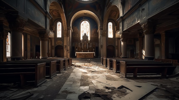 Uma igreja com um vitral e um grande altar