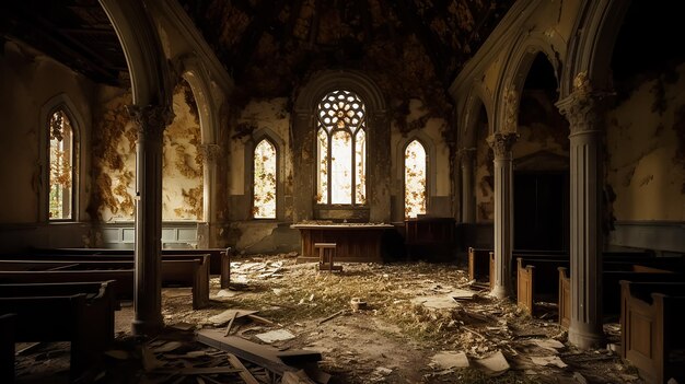 Uma igreja com um vitral e uma mesa de madeira no meio